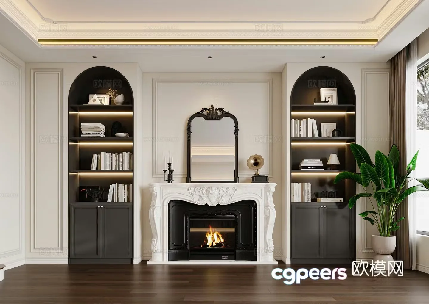French background wall American background wall French arch shape background bookcase background fireplace 3d model