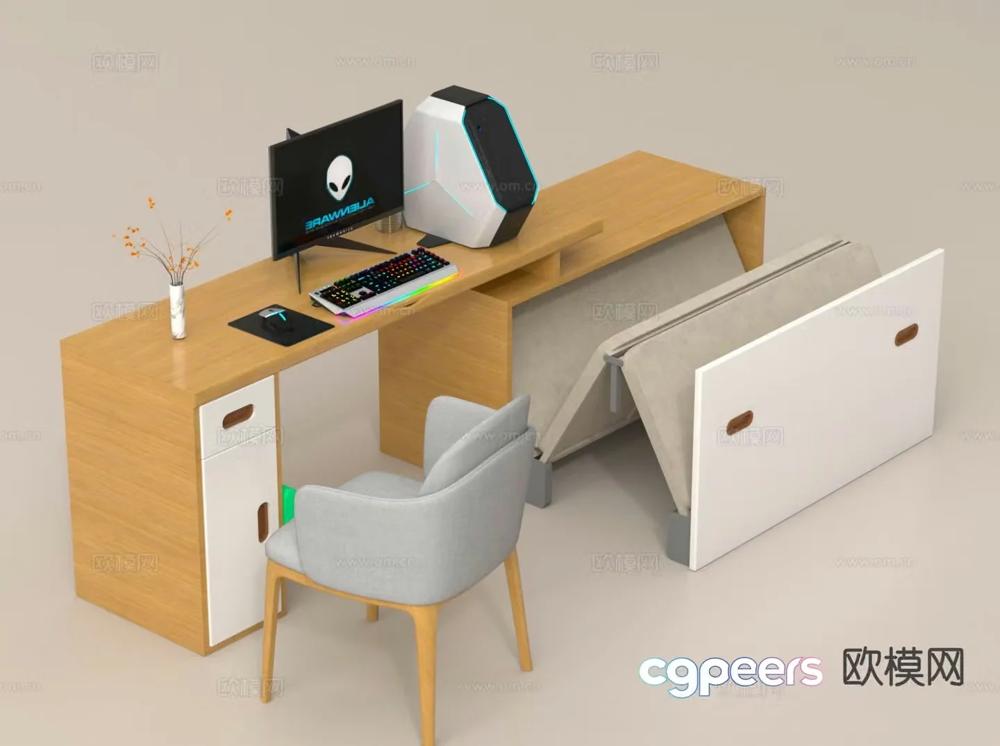Modern desk study table folding bed 3d model