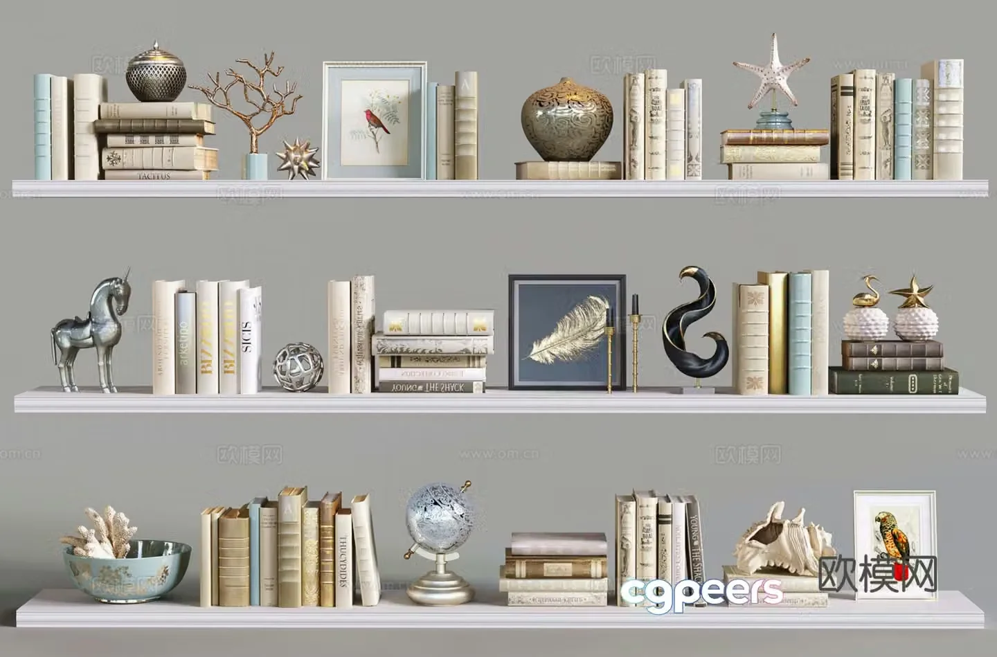 French retro books old ornaments globes sculptures decorative paintings 3D models