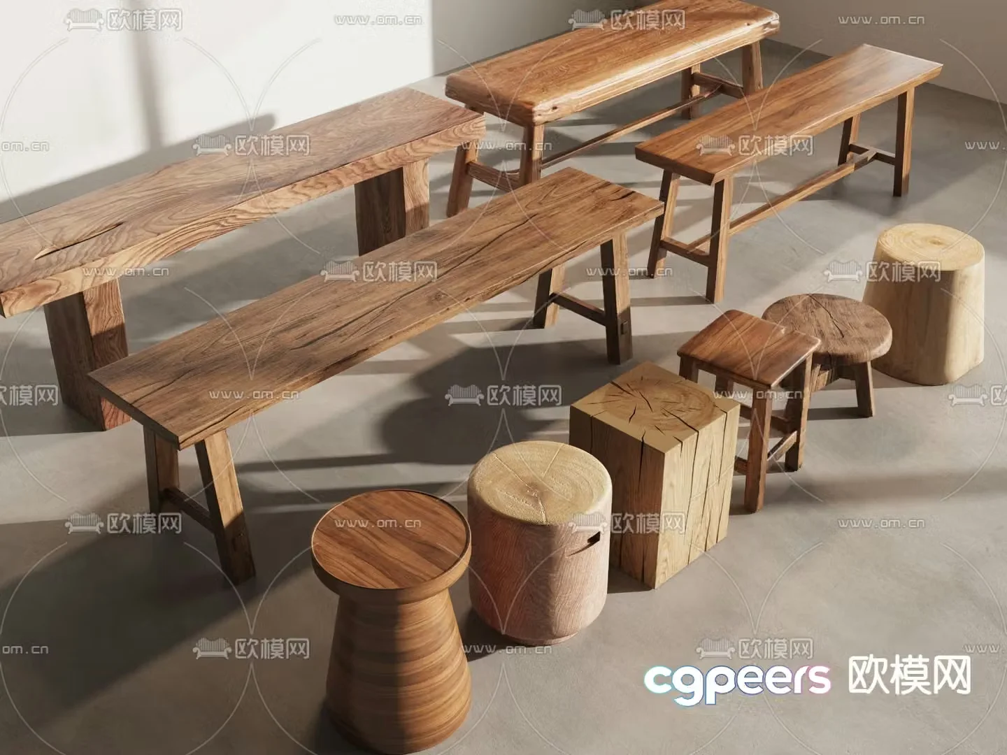 Chinese stool bench round stool square stool wooden pile 3D model