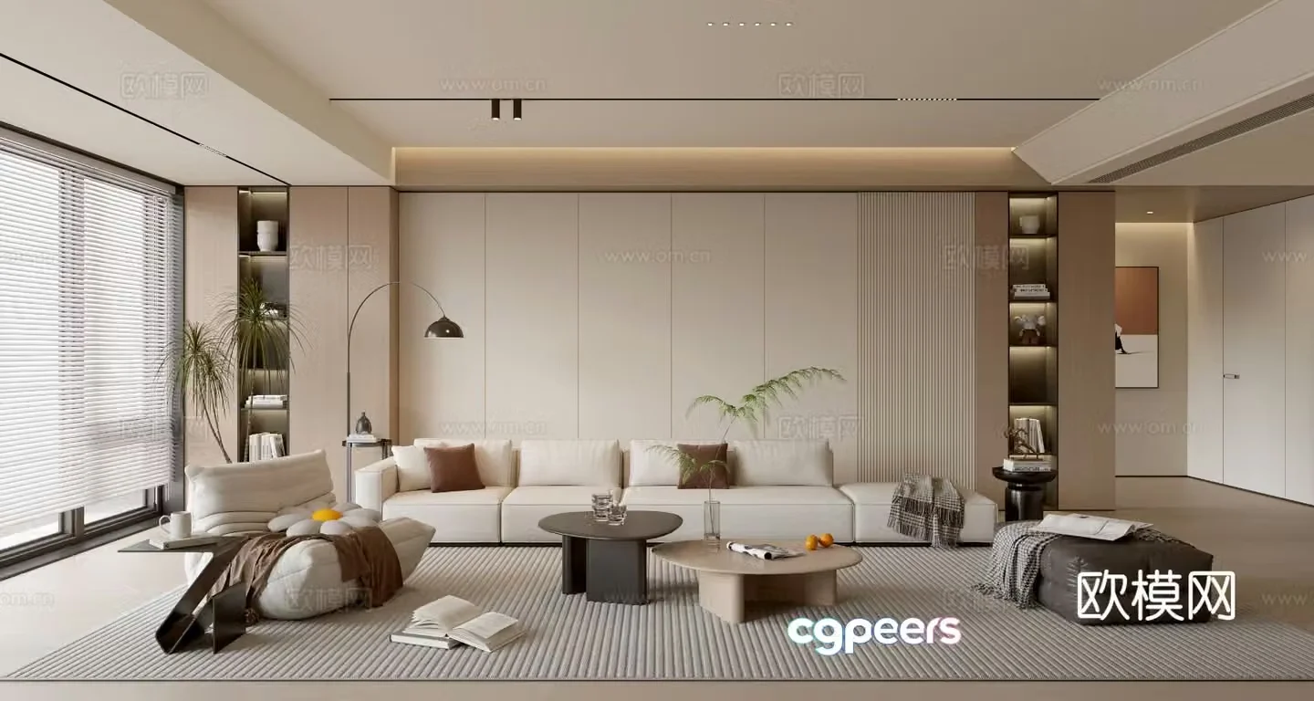 Creamy living room TV background wall coffee table sofa background wall 3d model