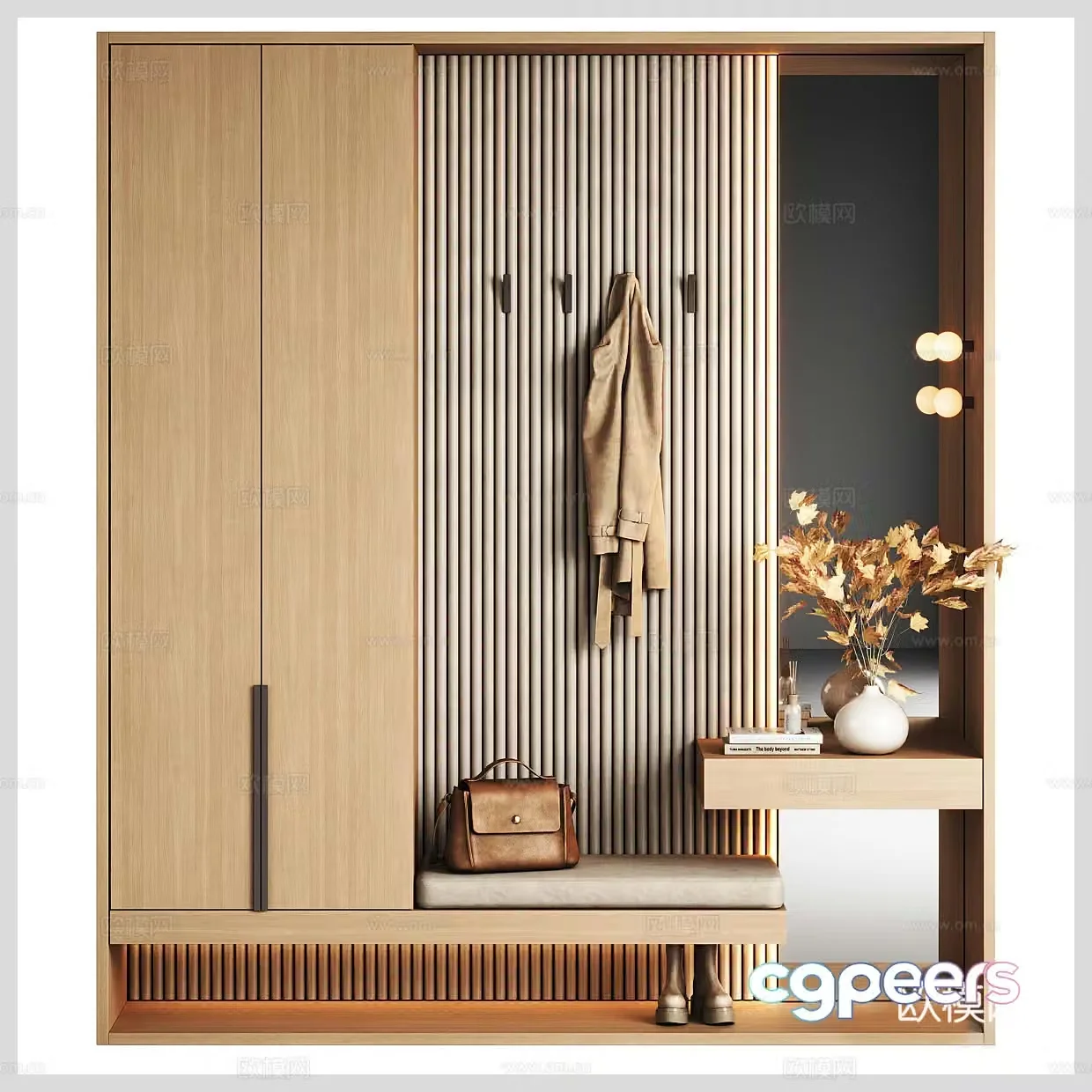 Solid wood shoe cabinet shoe cabinet background wall hallway ornaments hallway shoe cabinet home mirror clothes hook hanging 3D model