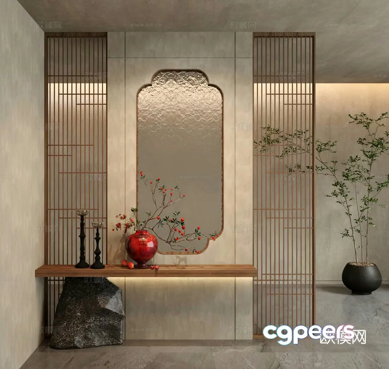 Wasabi New Chinese style entrance partition lattice glass partition 3D model