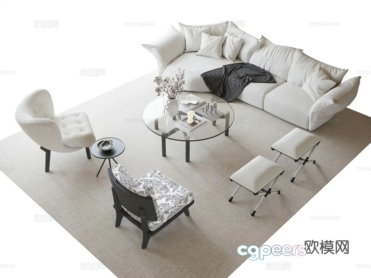 French sofa coffee table combination flower petal sofa coffee table single sofa 3D model