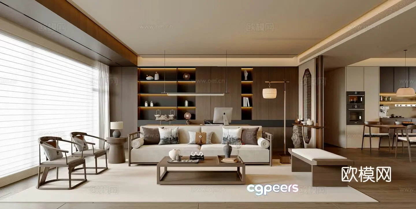 New Chinese style Chinese living and dining room sofa and coffee table combination bookcase desk and chair combination sideboard 3D model