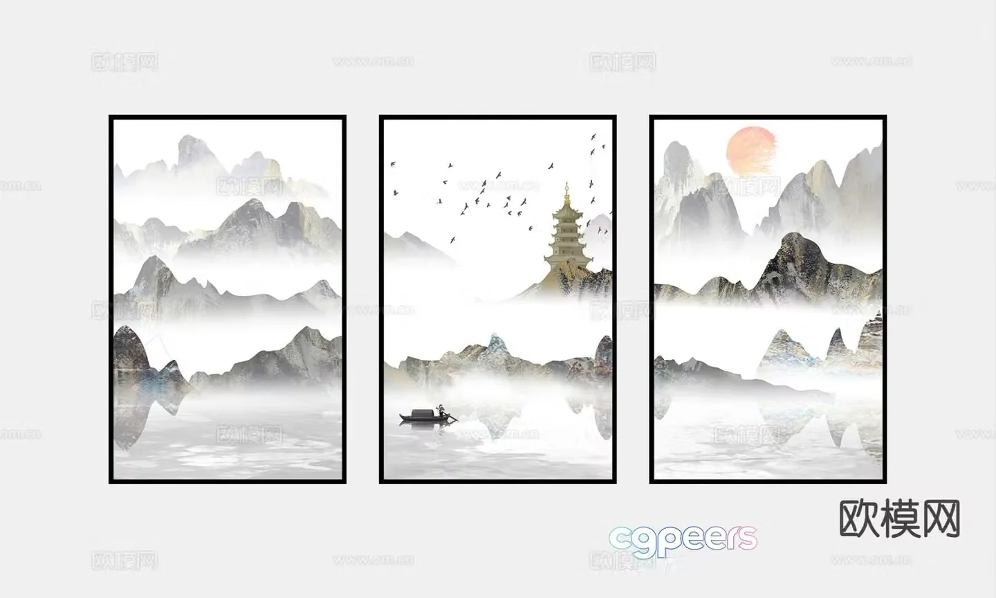 New Chinese style decorative painting landscape painting hanging painting 3D model