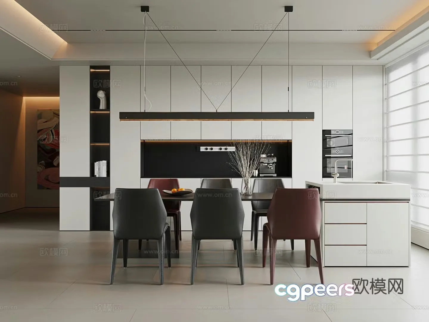 Italian modern restaurant dining table and chair combination island dining table single chair leather dining chair sideboard 3d model