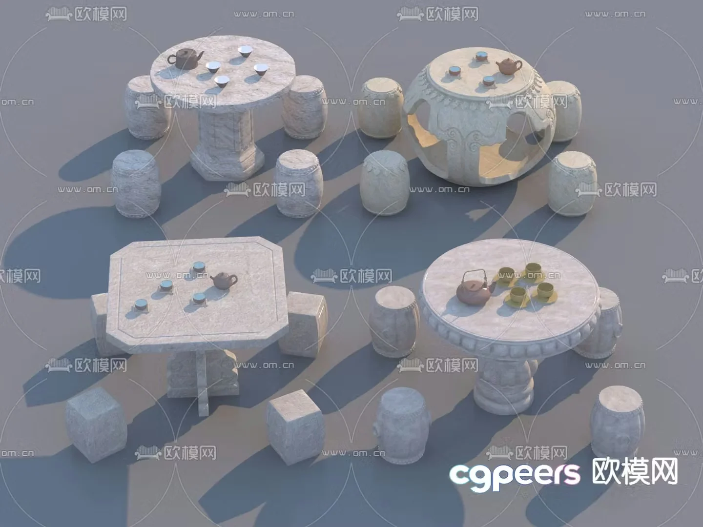 Chinese stone table stone bench outdoor table and chairs 3D model