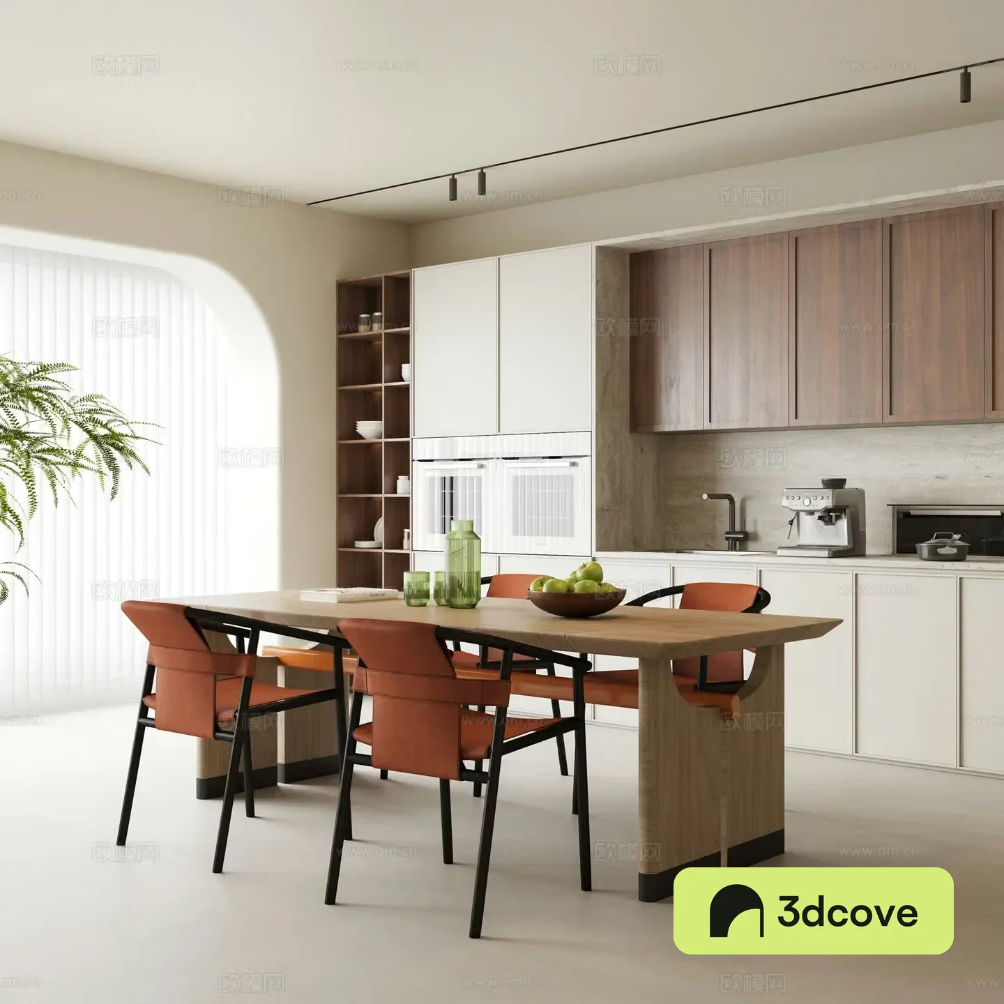 Modern medieval home restaurant solid wood dining table and chair combination wine cabinet one-line shape dreamy plant