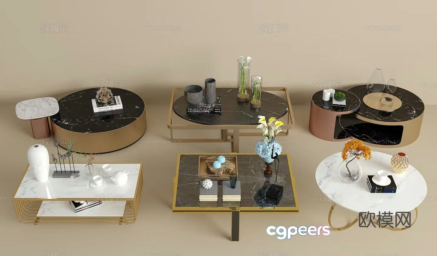 Coffee table combination green plants jewelry ornaments book 3d model