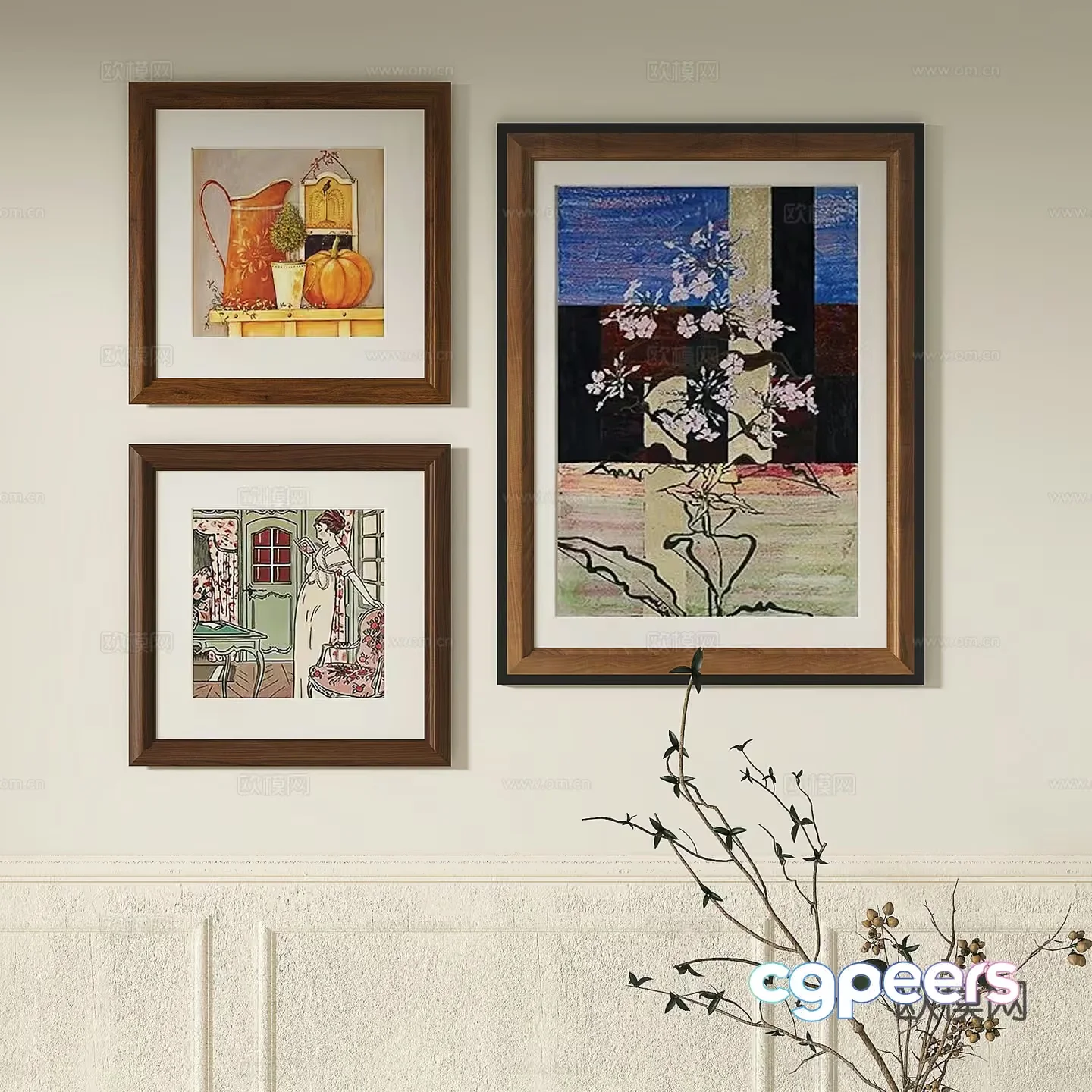 Artwork In Brown Frames 3D Model – 3461 – VRAY Render
