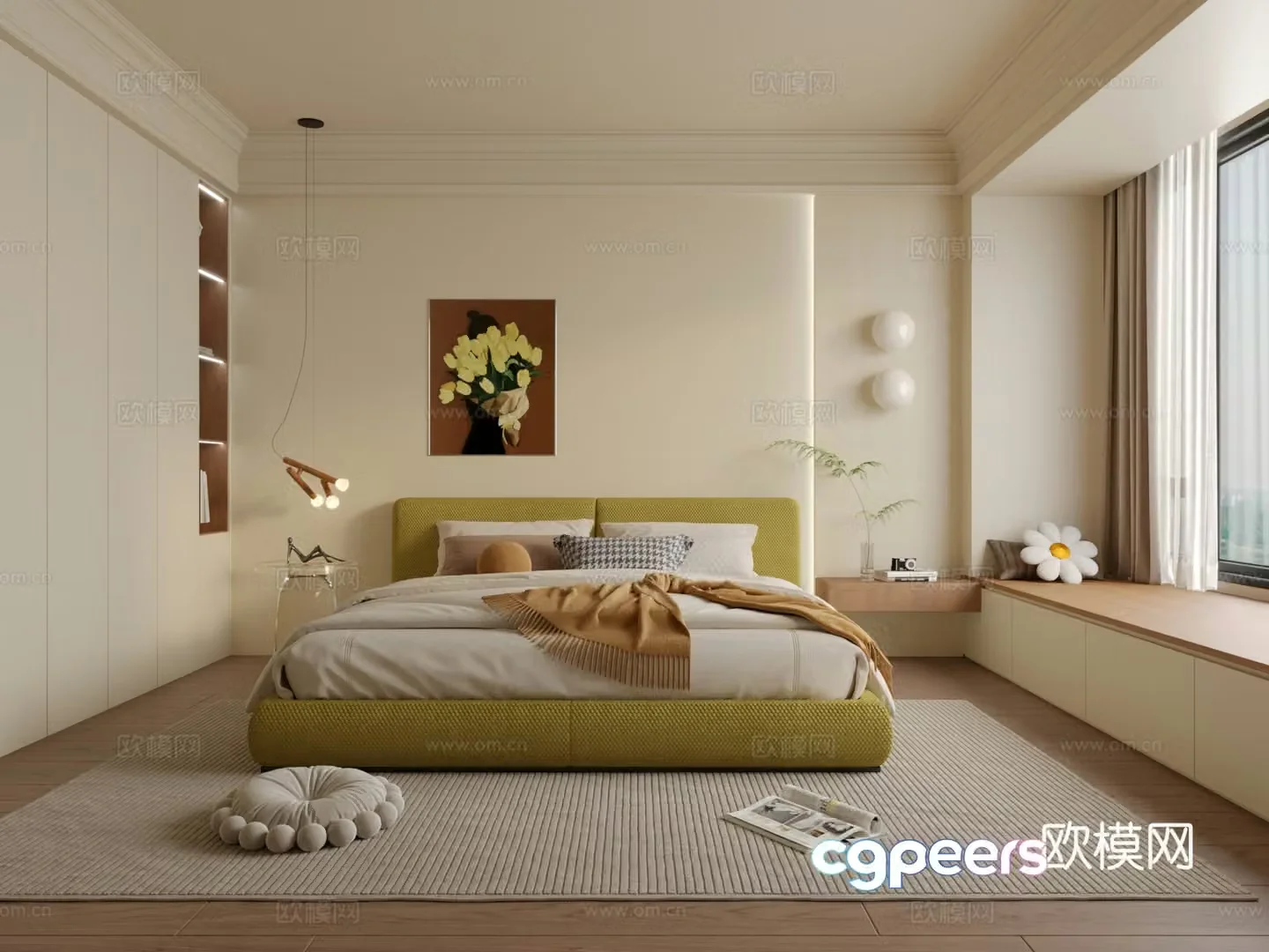 Simple creamy bedroom 3d model