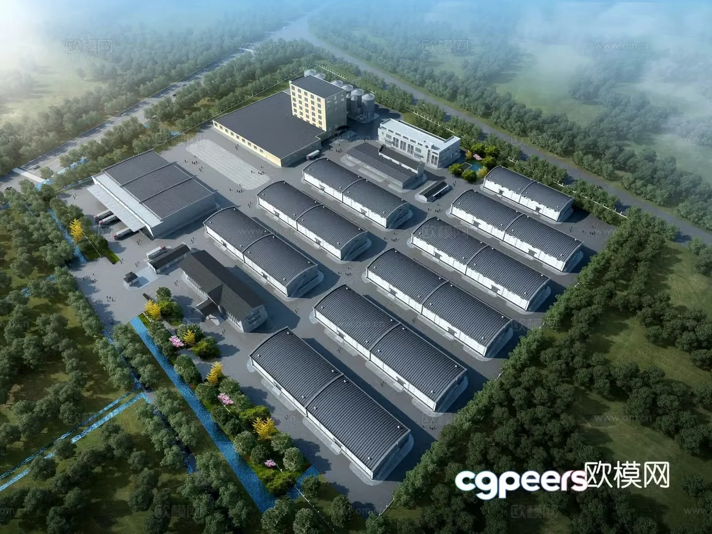 Aerial view 3D model of grain depot factory building