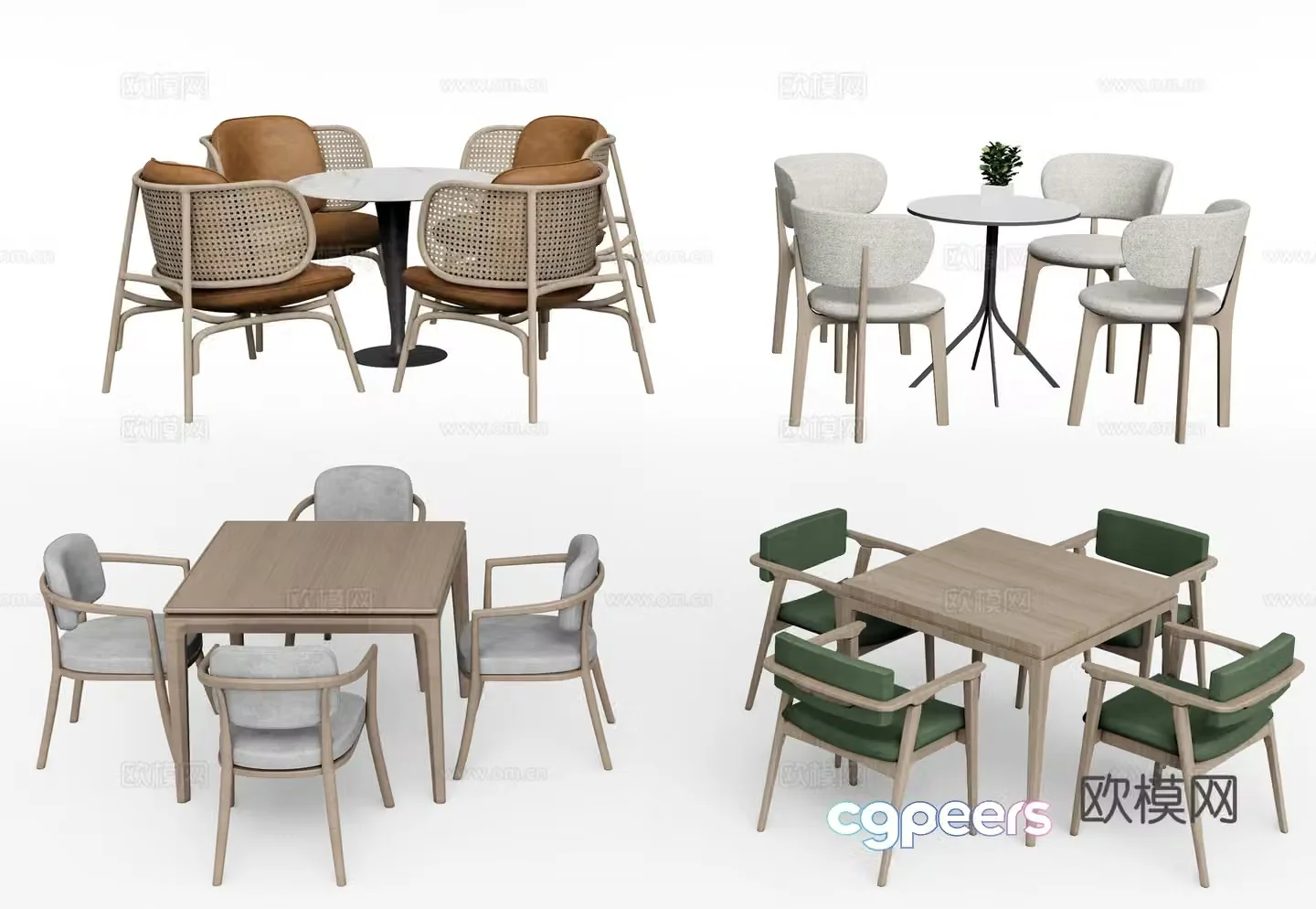 Modern casual table and chairs Solid wood four-person table and chair 3D model