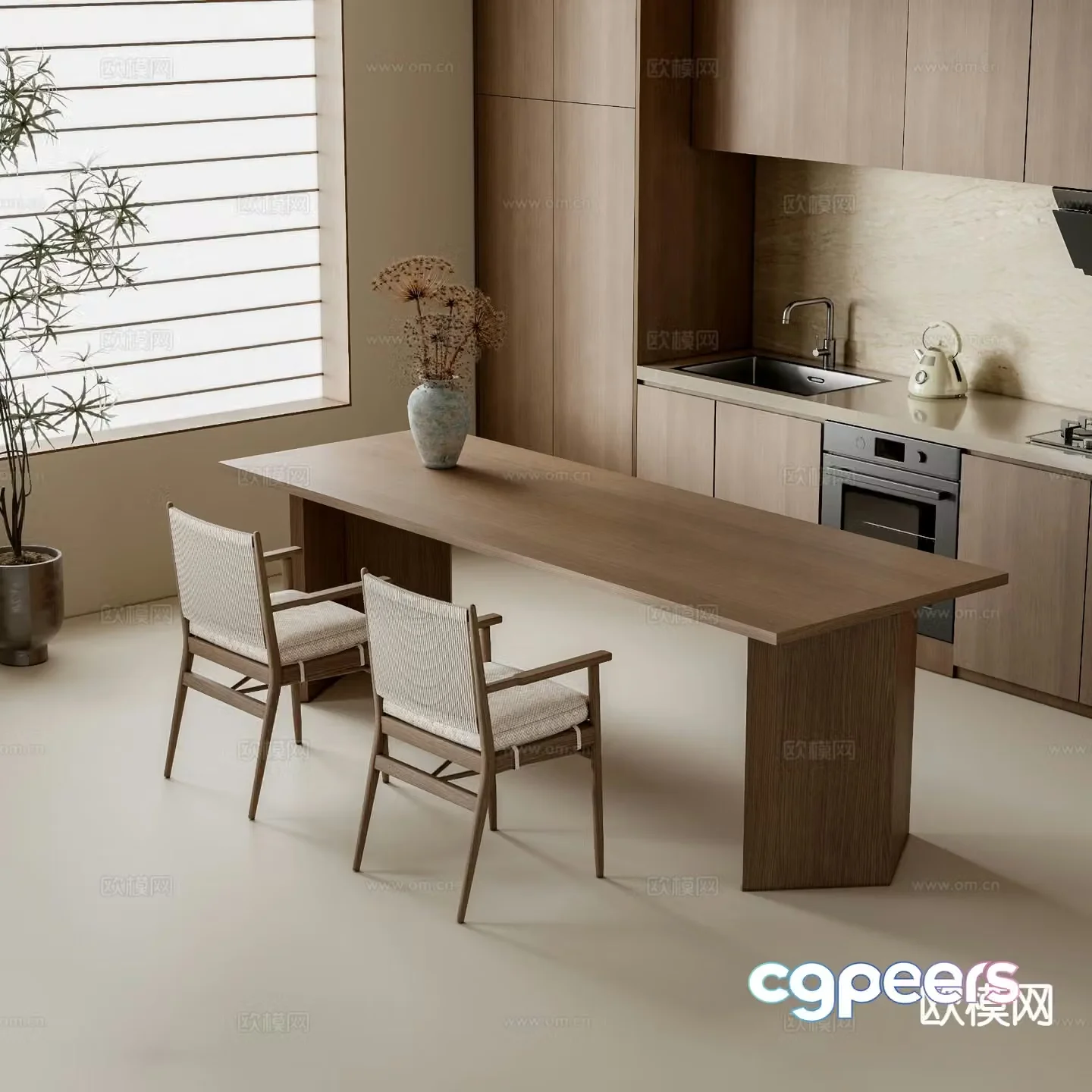 Wabi-sabi dining table and chairs strip dining table 3d model