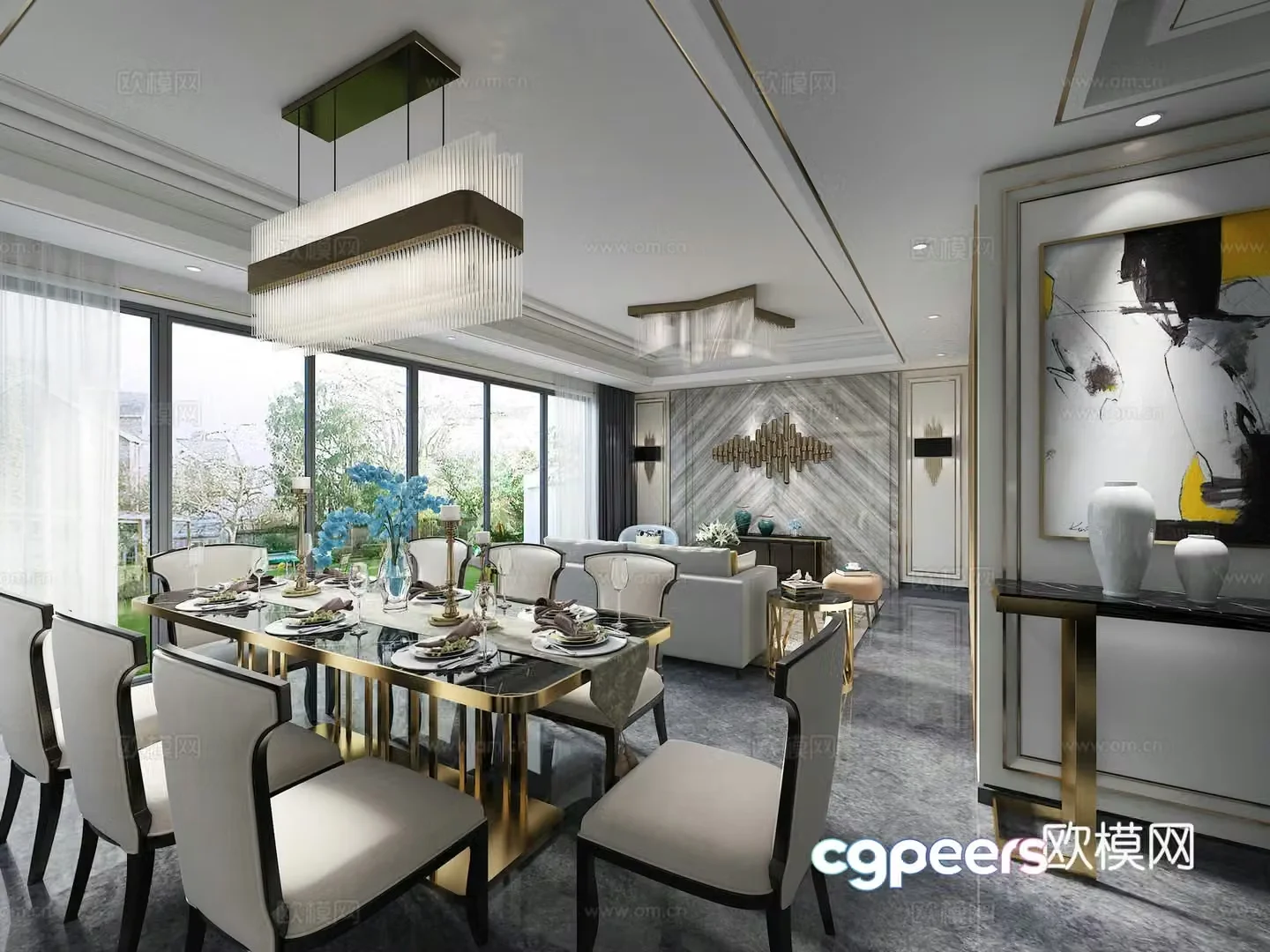 Modern living and dining room sofa coffee table chandeliers TV cabinet hanging painting side cabinet dining table chair 3d model