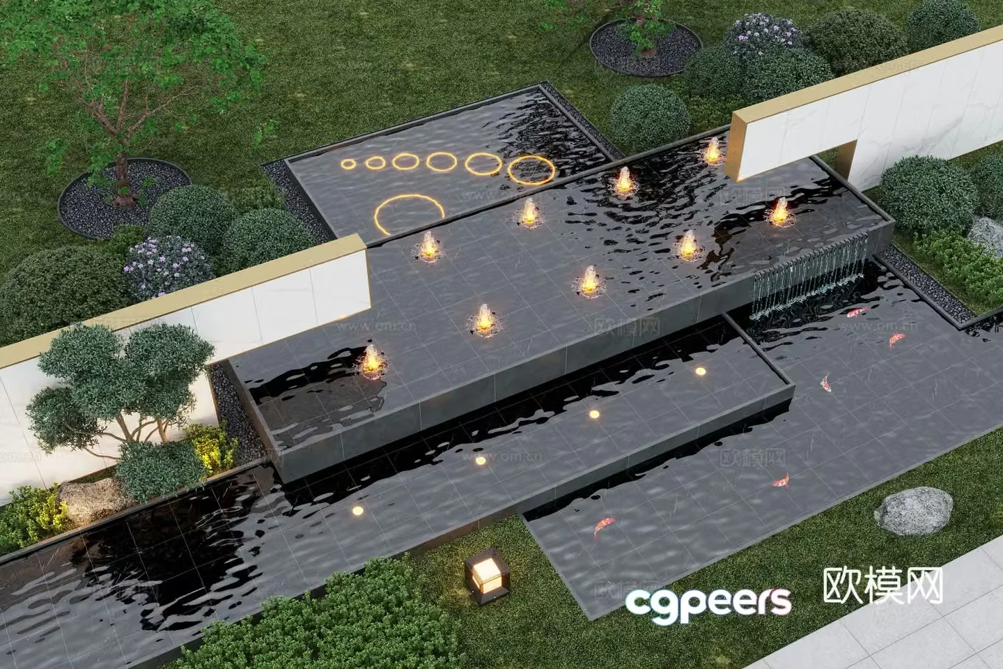 Modern courtyard water view wall stacked water pool pine tree landscape wall 3d model
