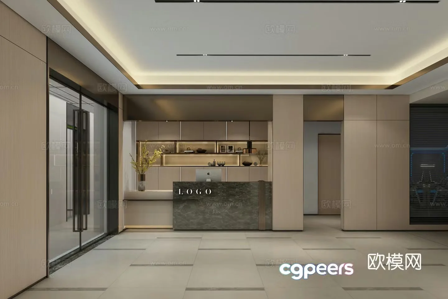 3D model of Internet cafe reception area