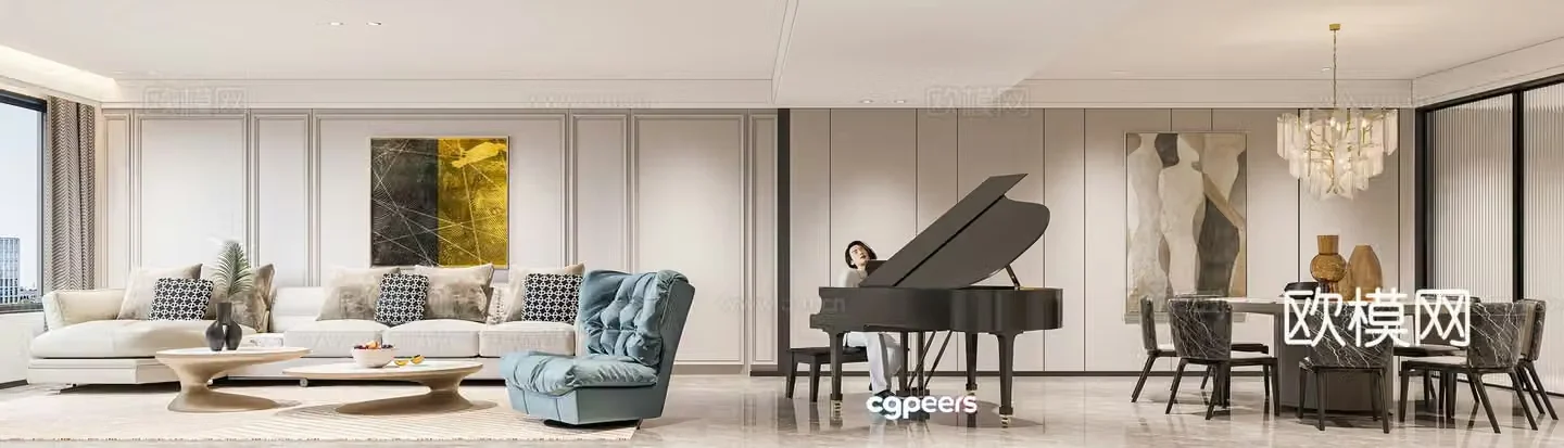 Modern living and dining room 3d model