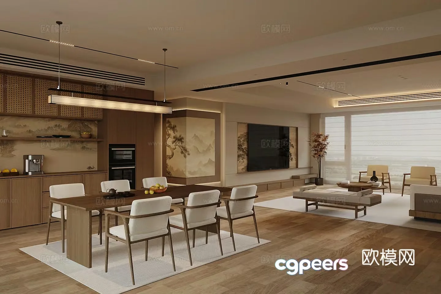 New Chinese style living room dining room living room TV background wall wine cabinet 3d model