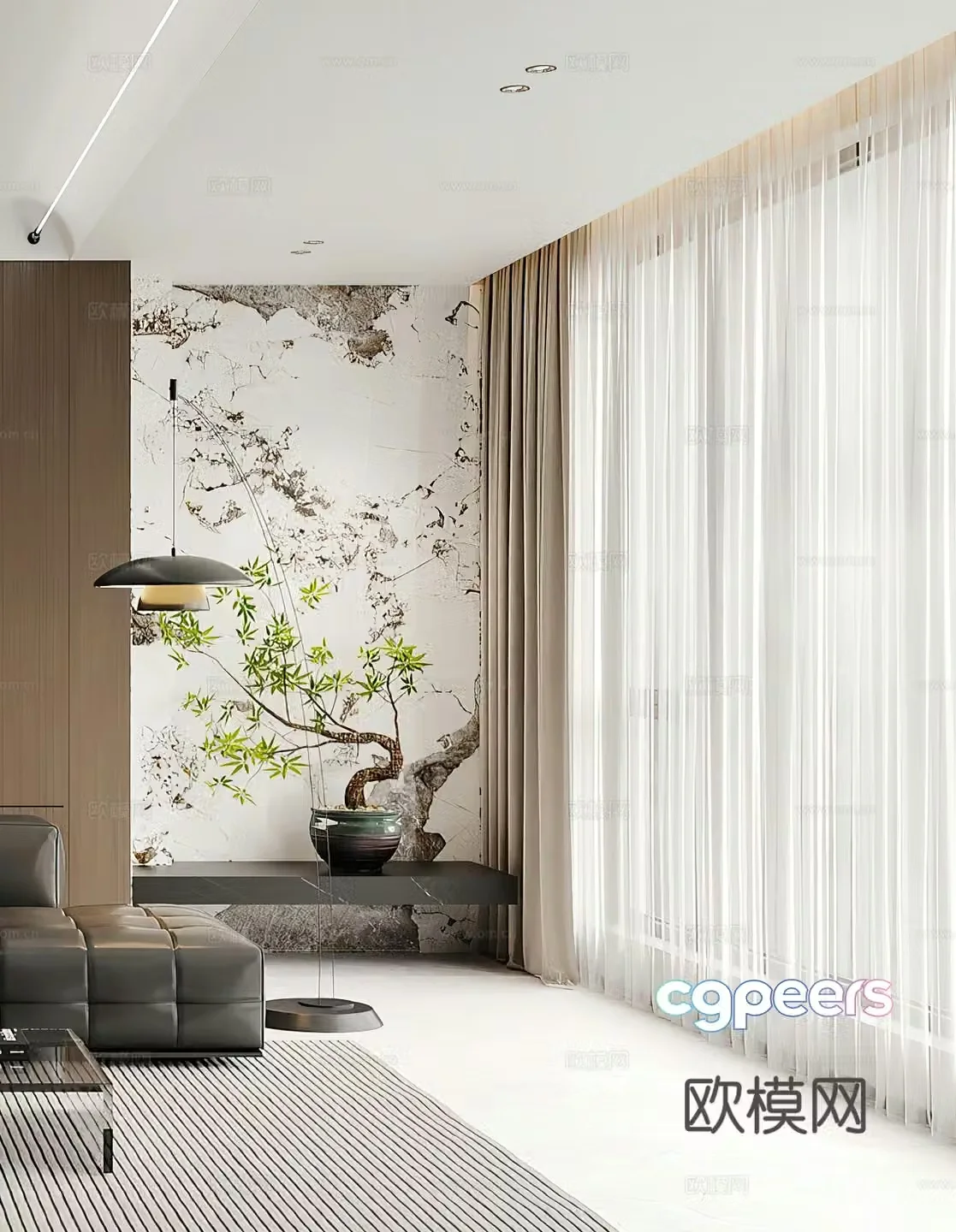 New Chinese style entrance hall opposite wall potted plant end viewing platform floor lamp decorative wall ornament decorative 3D model