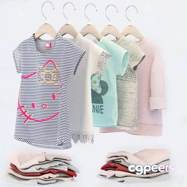 3ds Max Free – baby clothes (Five children’s jackets and t-shirts on a hanger and five folded shirts)