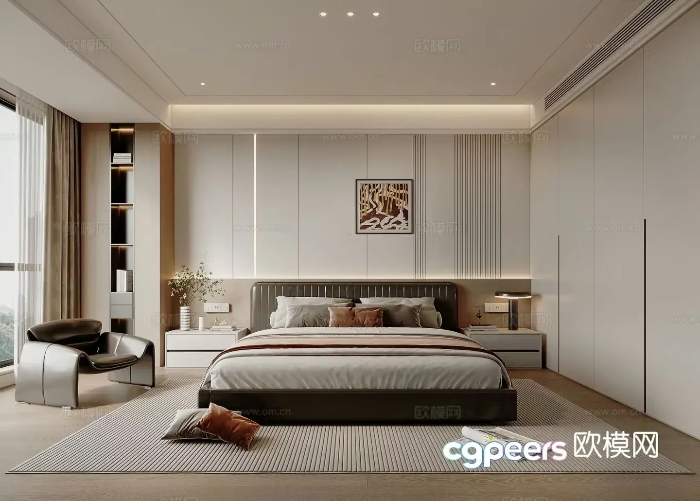Modern bedroom Double bed nightstand carpet curtain 3d model
