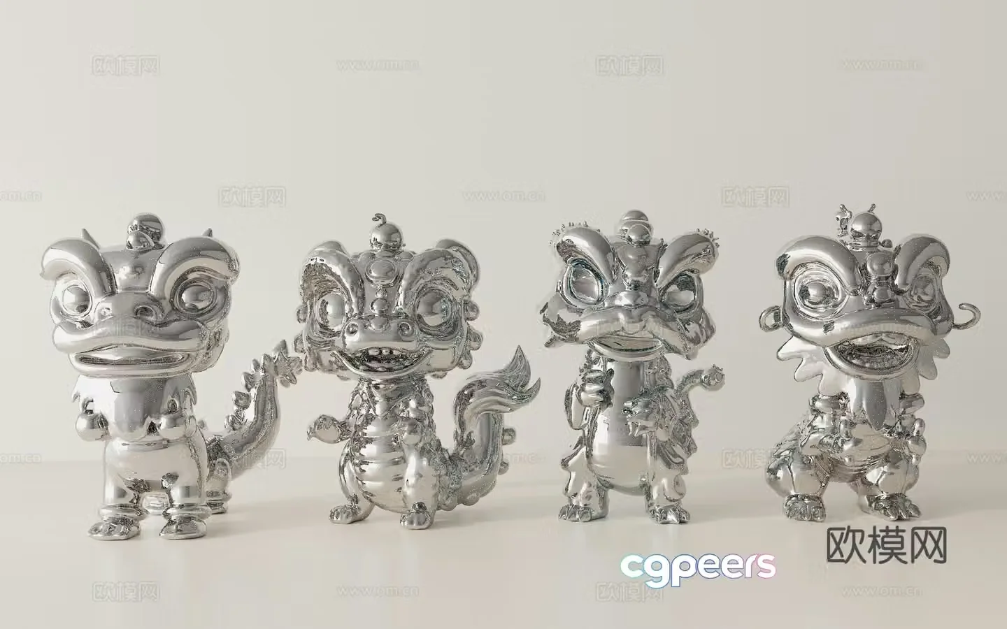 Modern cream ceramic ornaments Chinese mascot ornaments Lion dance ornaments Mascot 3d model