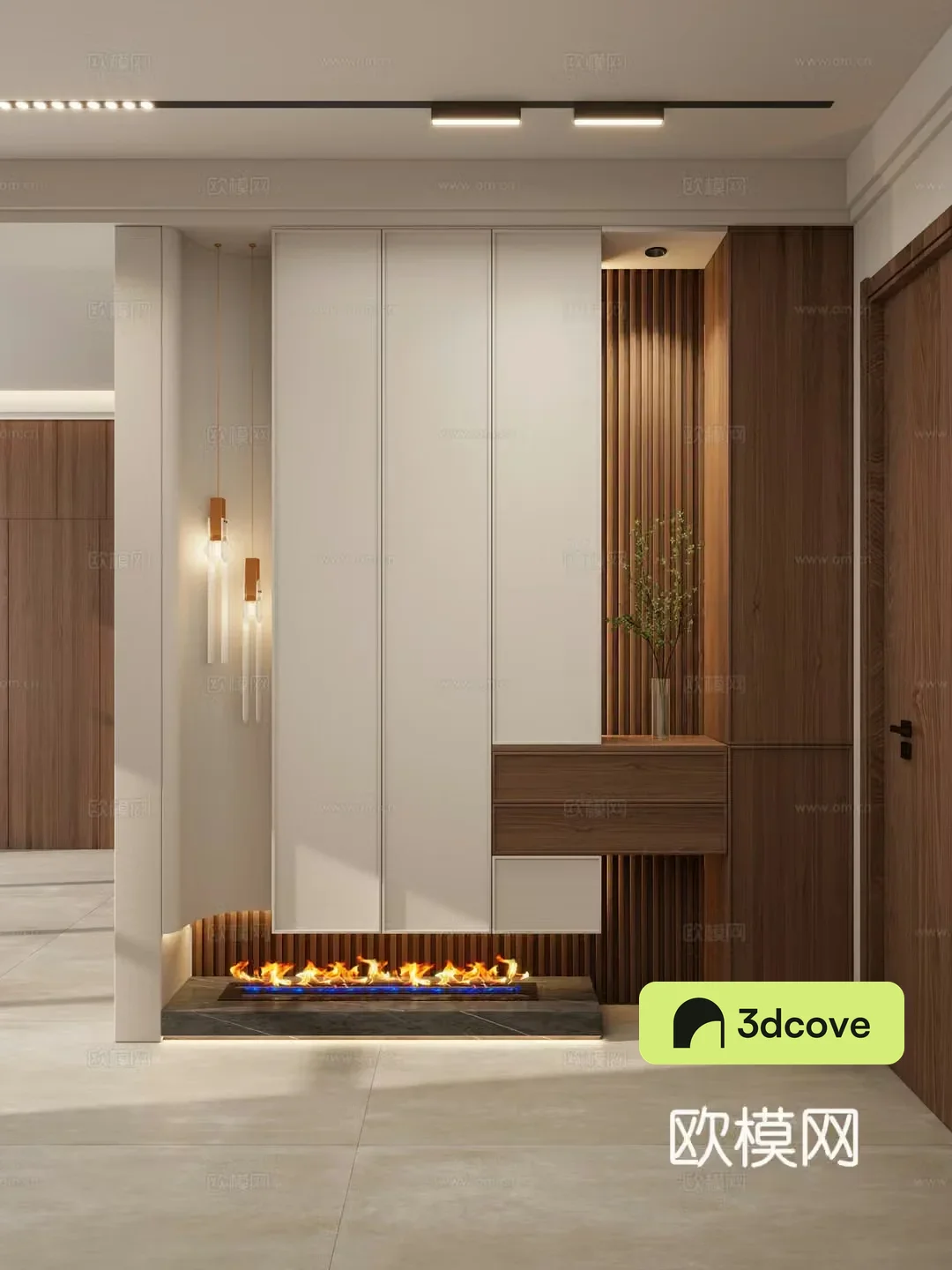 Middle style Log wind Skeleton line Flame fireplace Suspended roof Track lights Entrance entrance 3D model