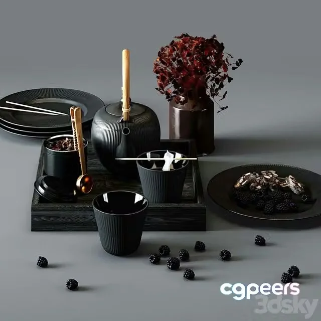 3ds Max Free – BLACK FLUTED set – thermal teapot, plates and cups