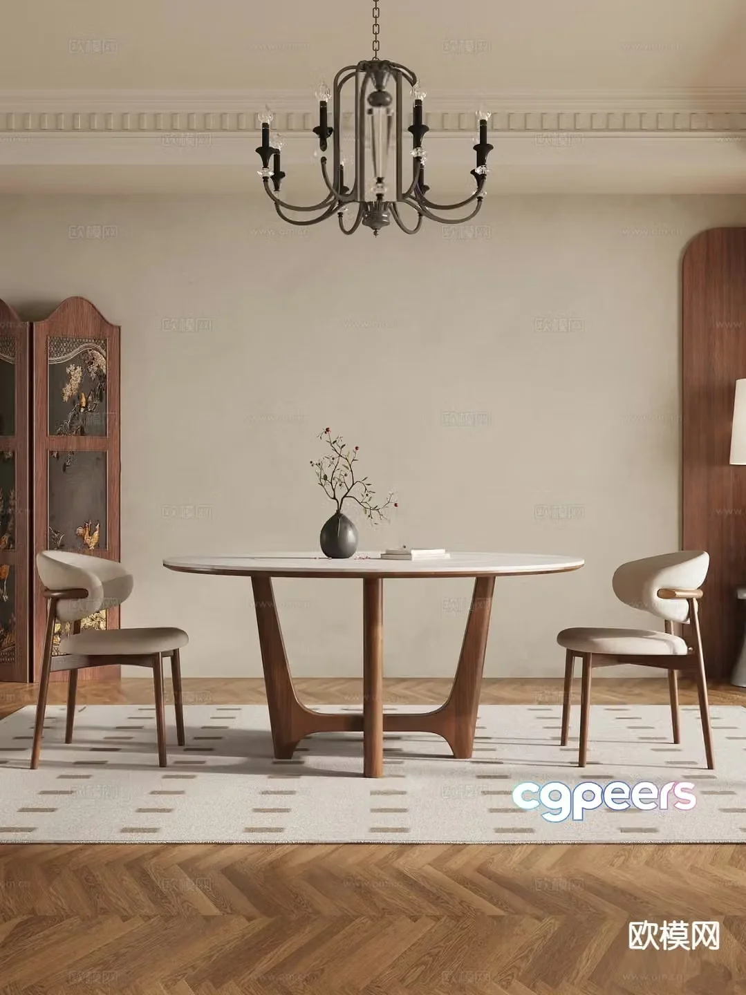 Medieval style round dining table and chairs 3D model