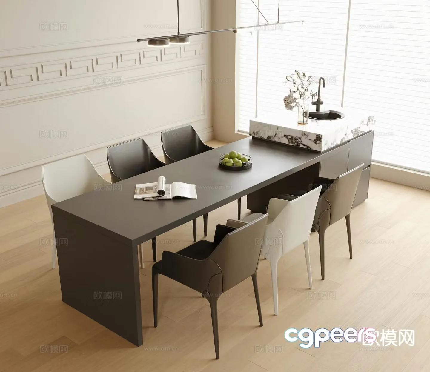 Modern island dining table and chairs 3d model