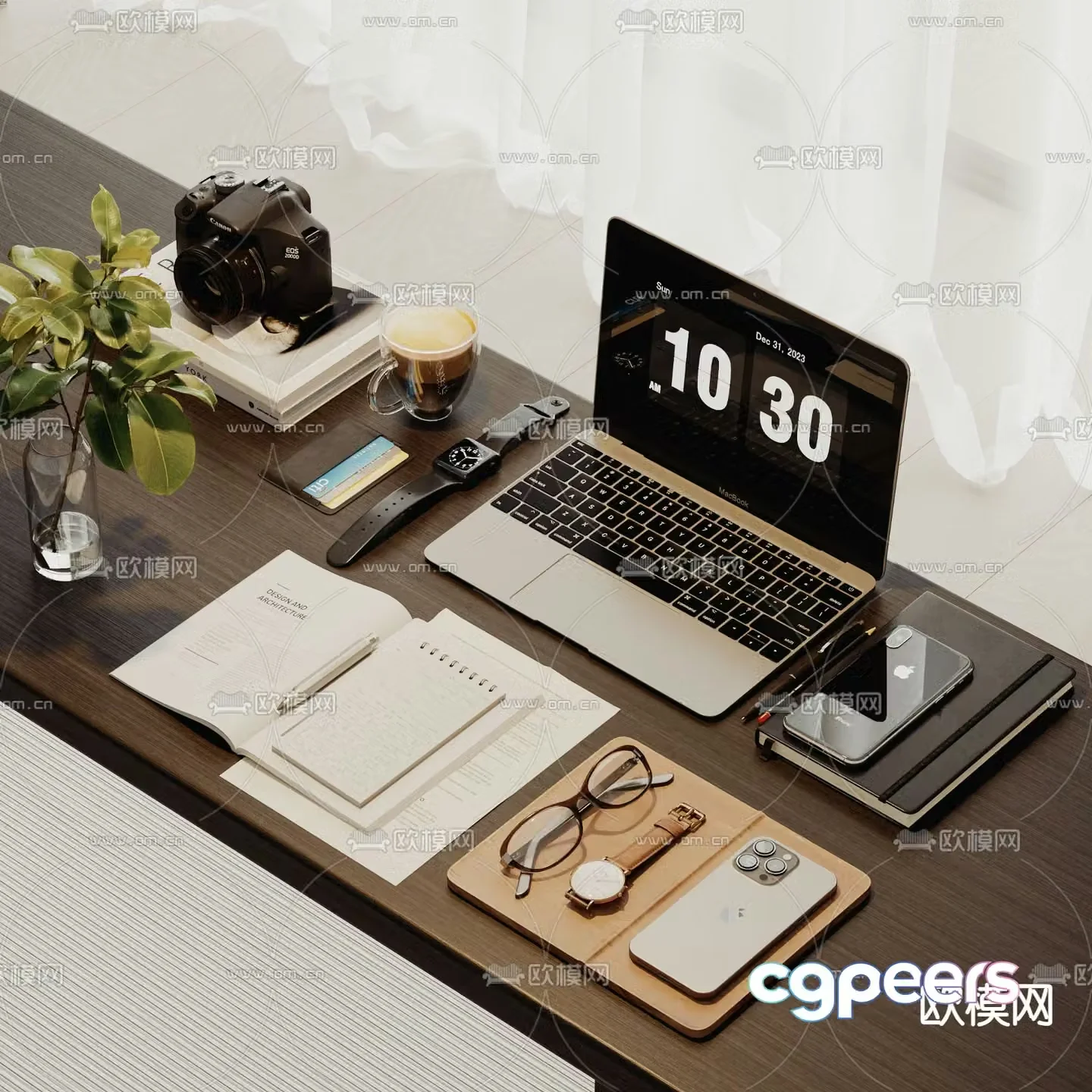 laptop glasses stationery office supplies 3d model