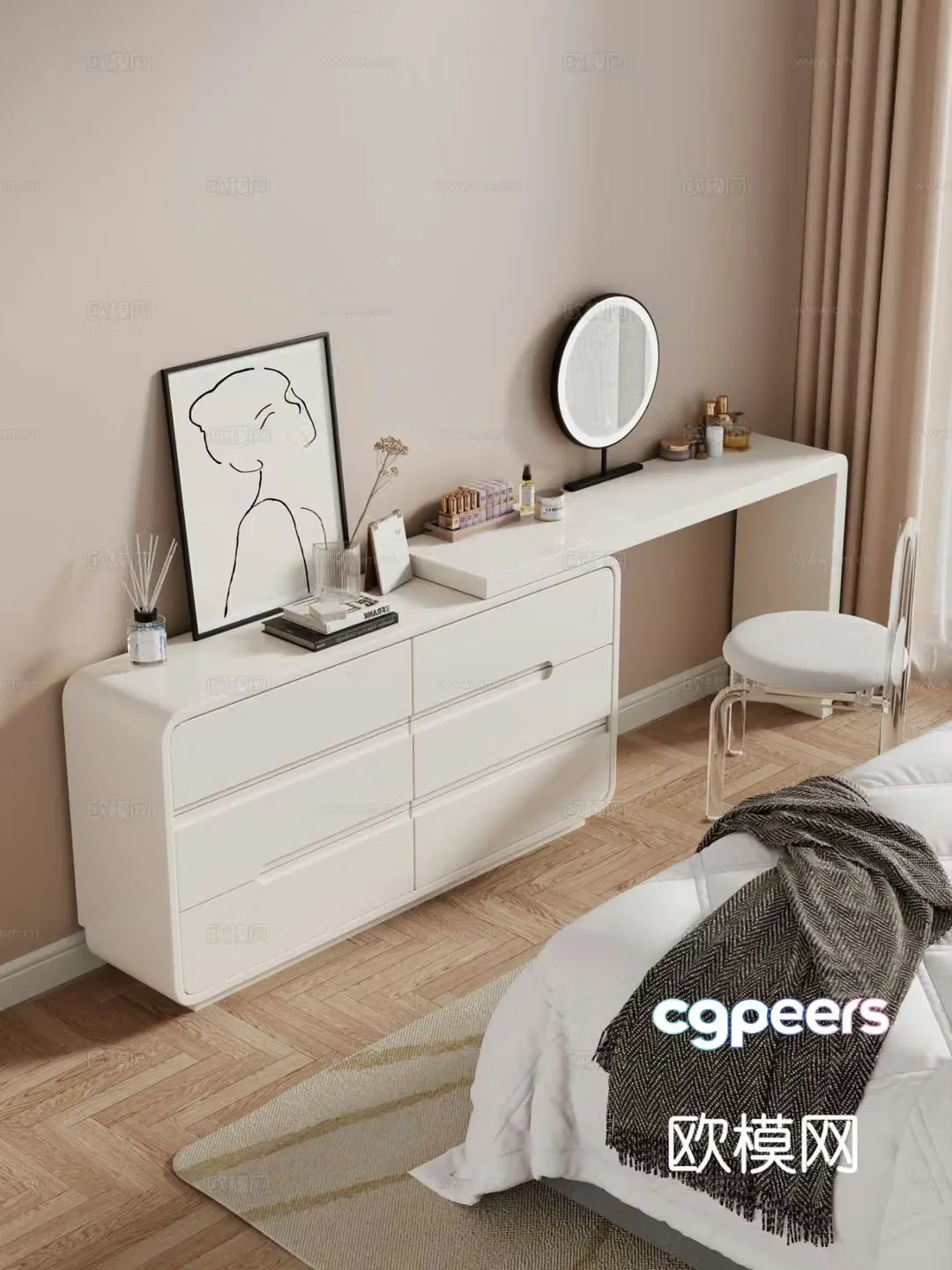 Cream style dressing table makeup stool combination dressing table makeup stool mirror decoration hanging painting 3D model