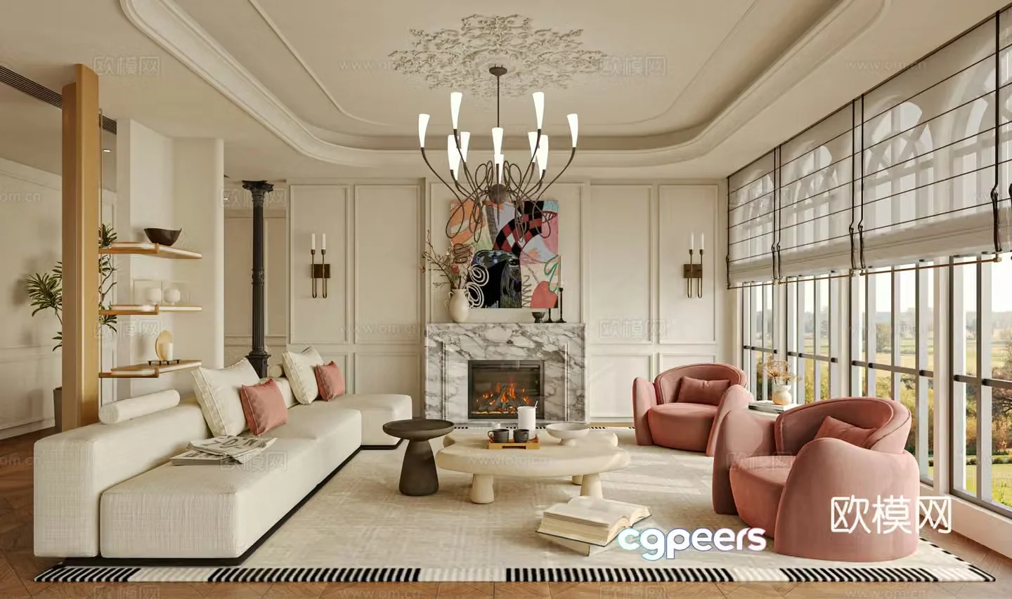French living room sofa single chair coffee table 3d model