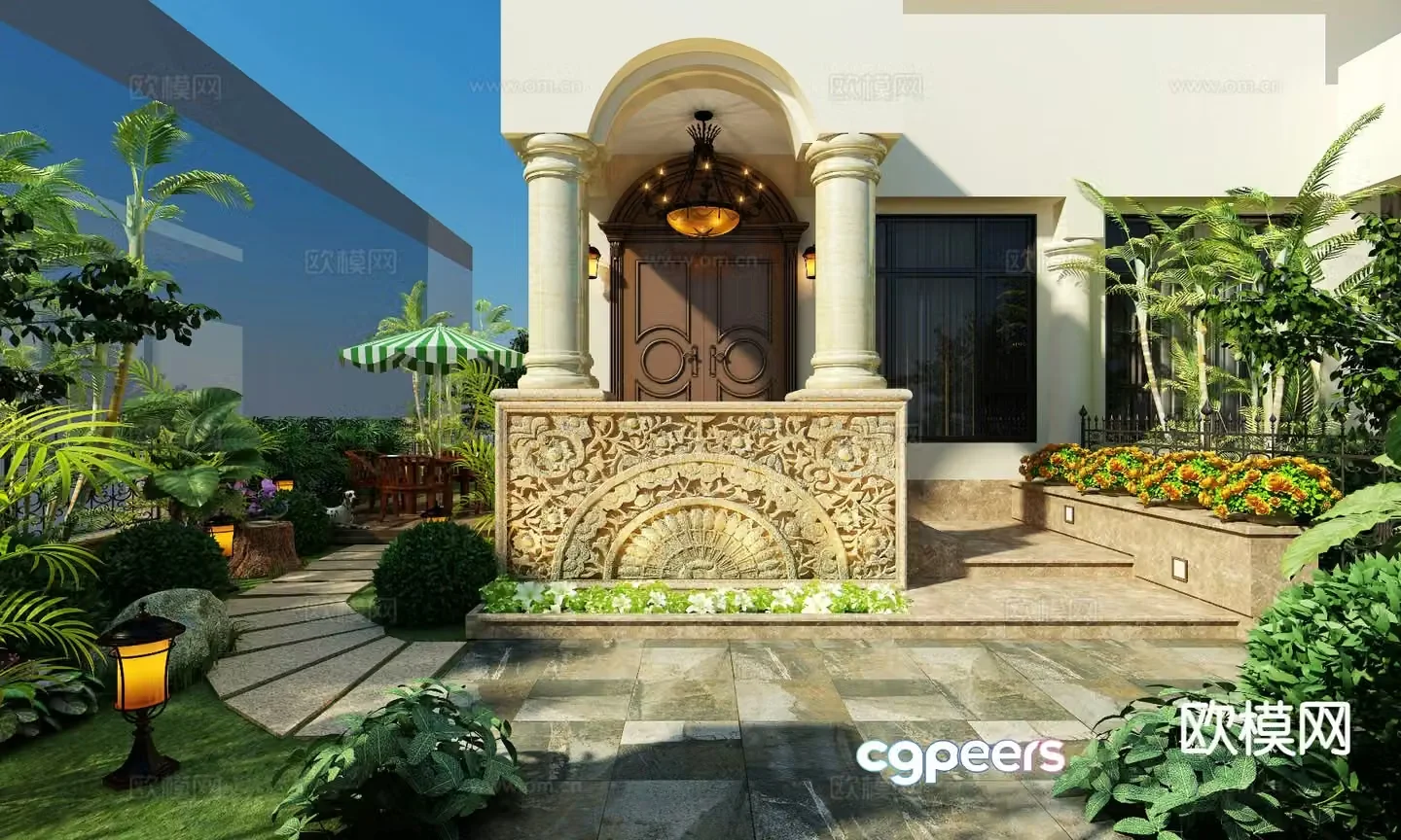 European style villa entrance garden courtyard landscape 3D model