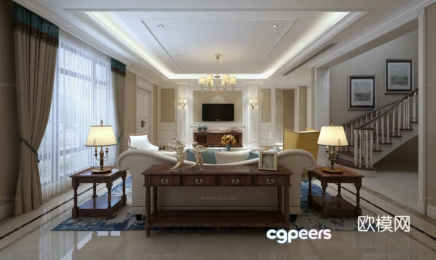 American living room sofa chandeliers wall light stairs carpet 3d model
