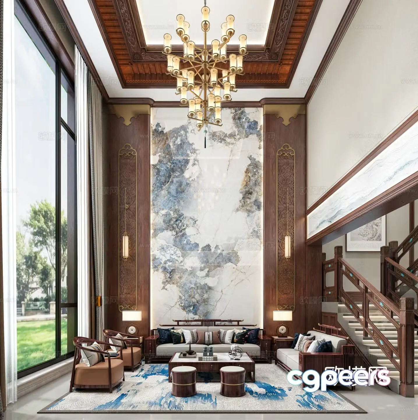 New Chinese style villa living room 3D model