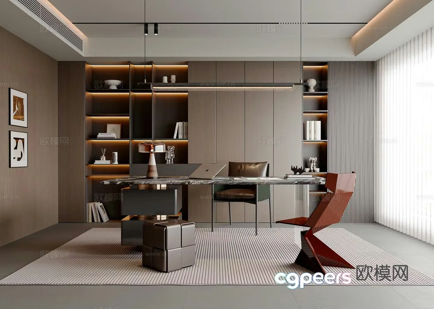 Modern Italian study desk and chair combination Alec single chair chandelier bookcase pier 3D model
