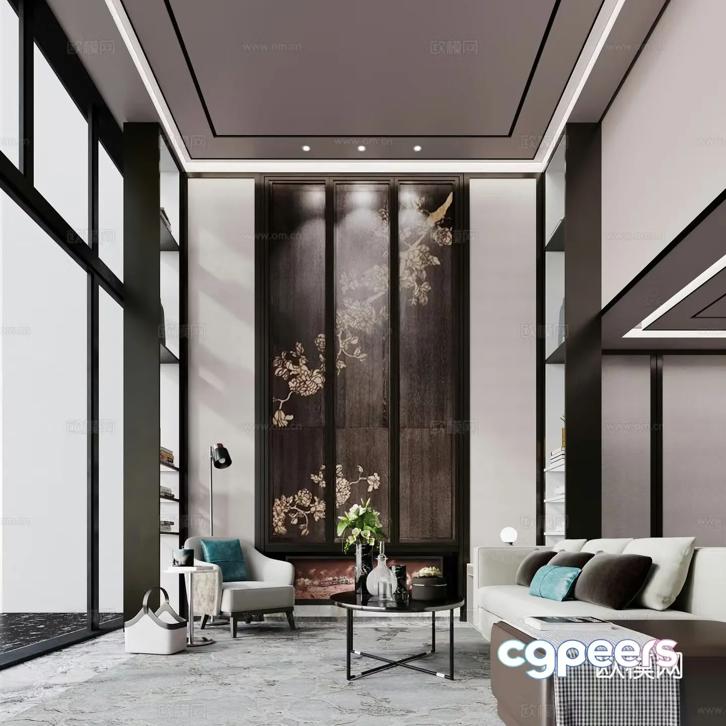 Villa new Chinese style living room sofa single chair coffee table TV background wall decoration flower and bird 3D model