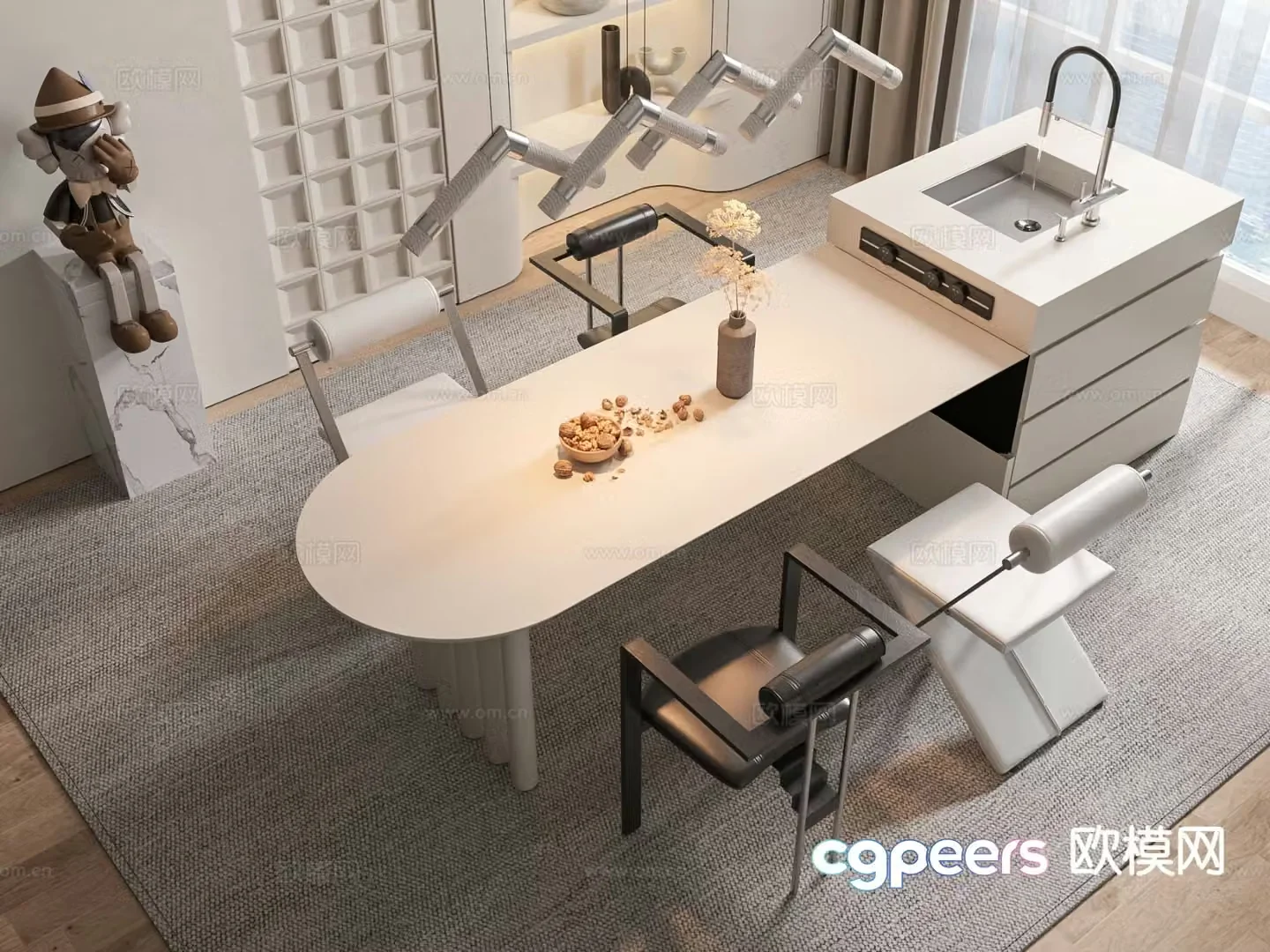 Cream style dining table and chairs island dining table 3d model