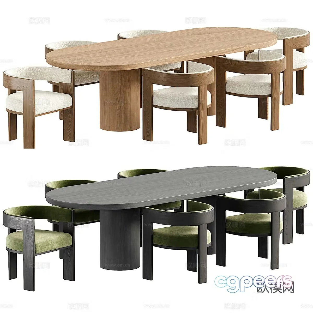 Modern Italian oval solid wood dining table and chair combination 3D model
