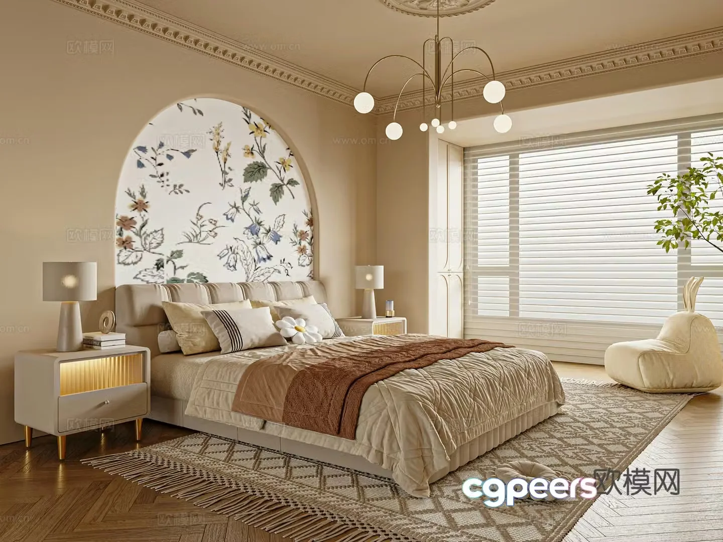 French cream style home bedroom double bed nightstand 3d model