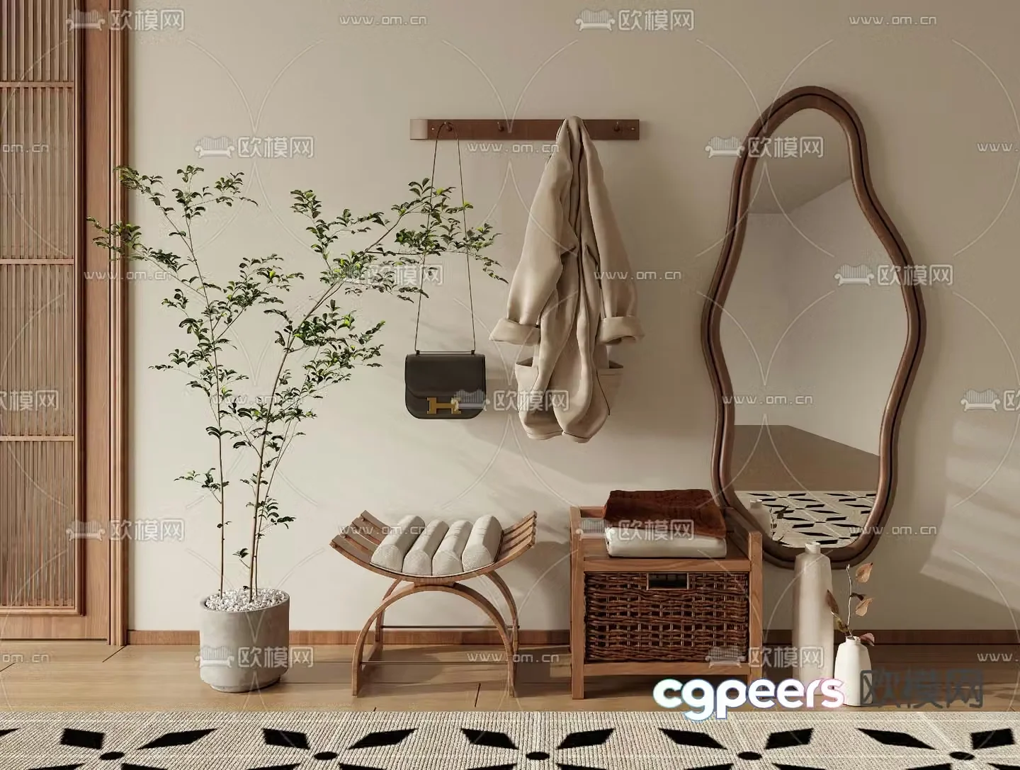 Stool shoe changing stool full-length mirror clothes hanger 3D model
