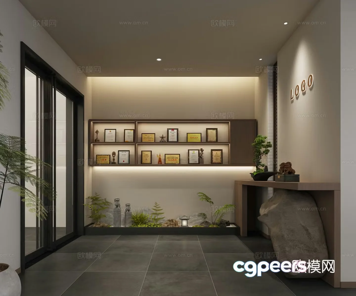 3D model of front desk hall