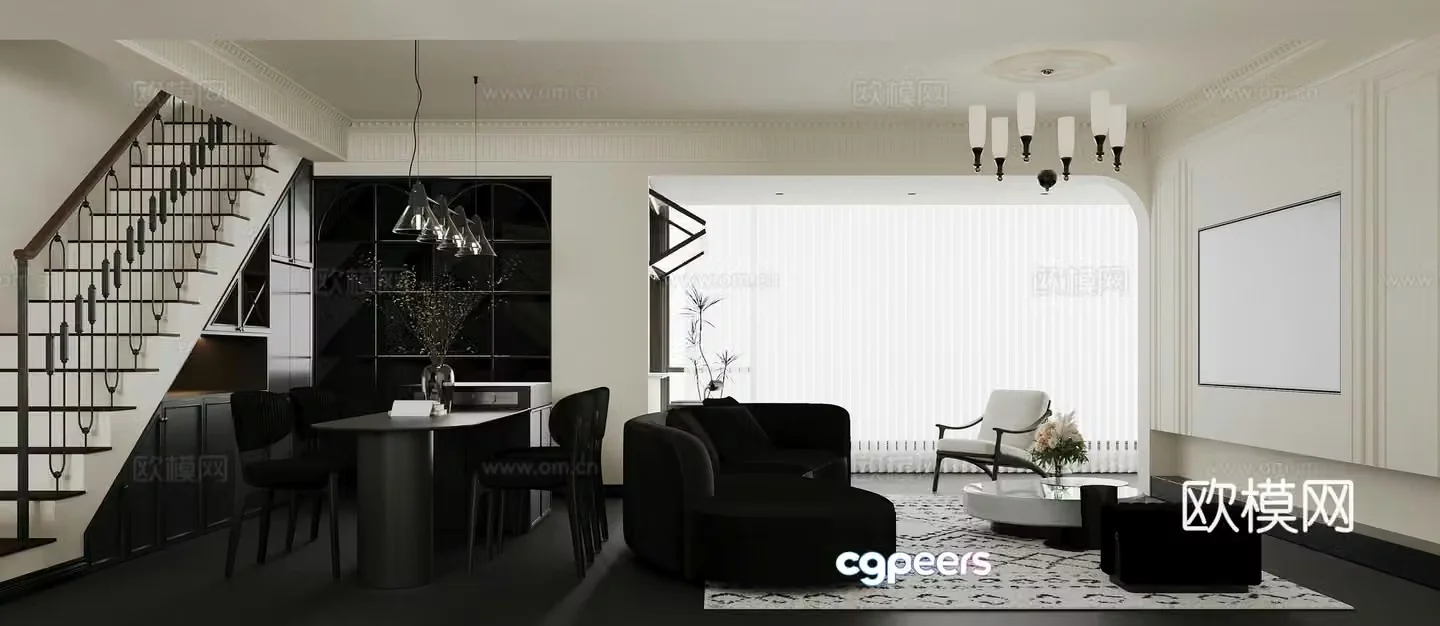 Black white and gray French villa living room dining room 3d model