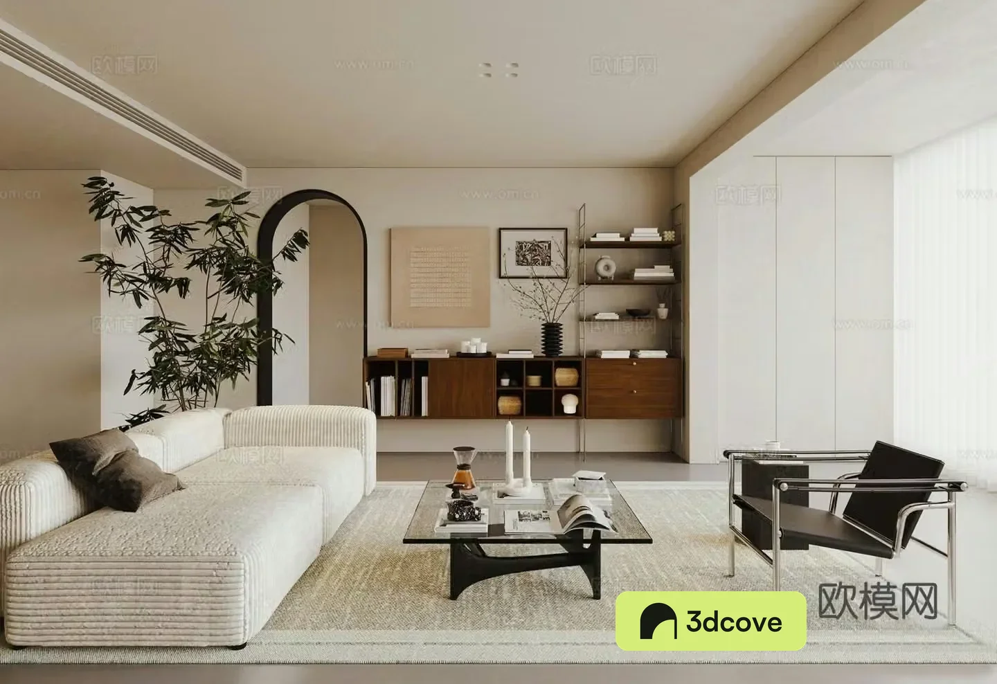 Modern medieval style living room sofa coffee table green plants decorative ornaments track bookshelf open storage