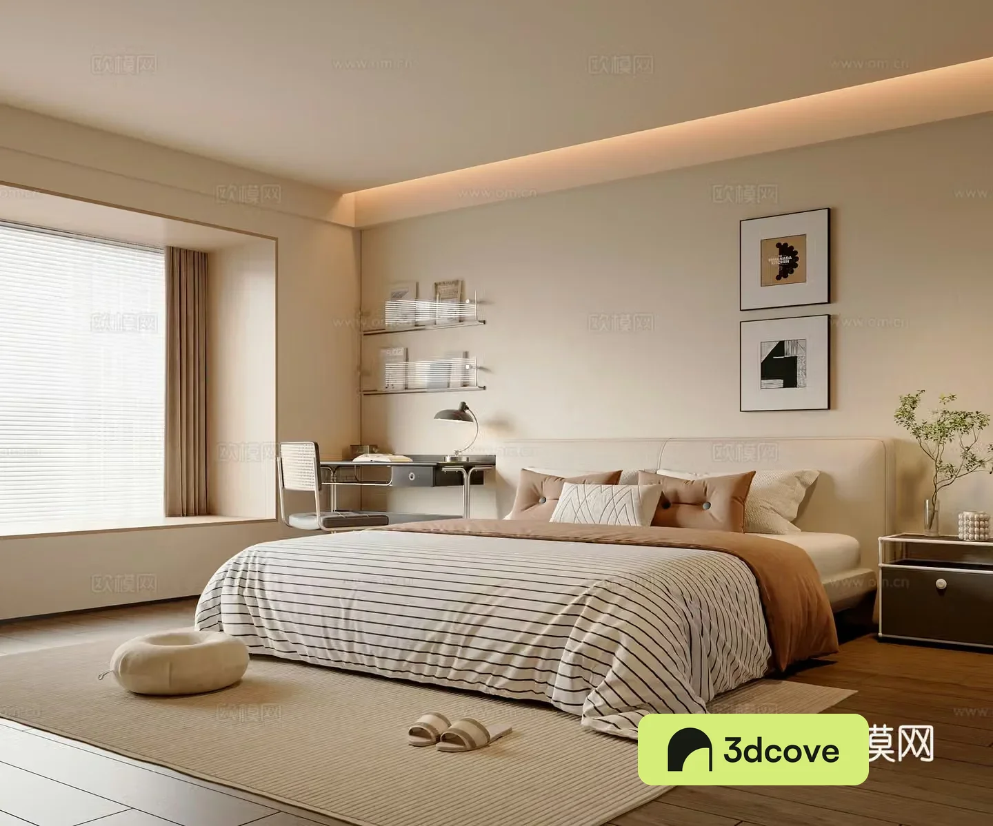 Modern creamy bedroom master bedroom double bed desk chair hanging painting bookshelves
