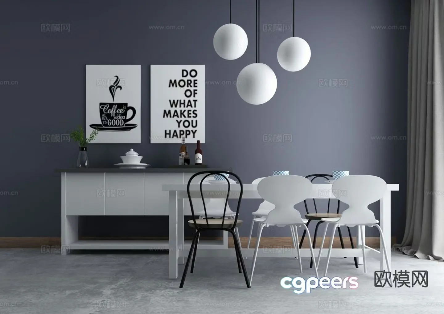 Nordic dining table and chairs sideboard 3d model