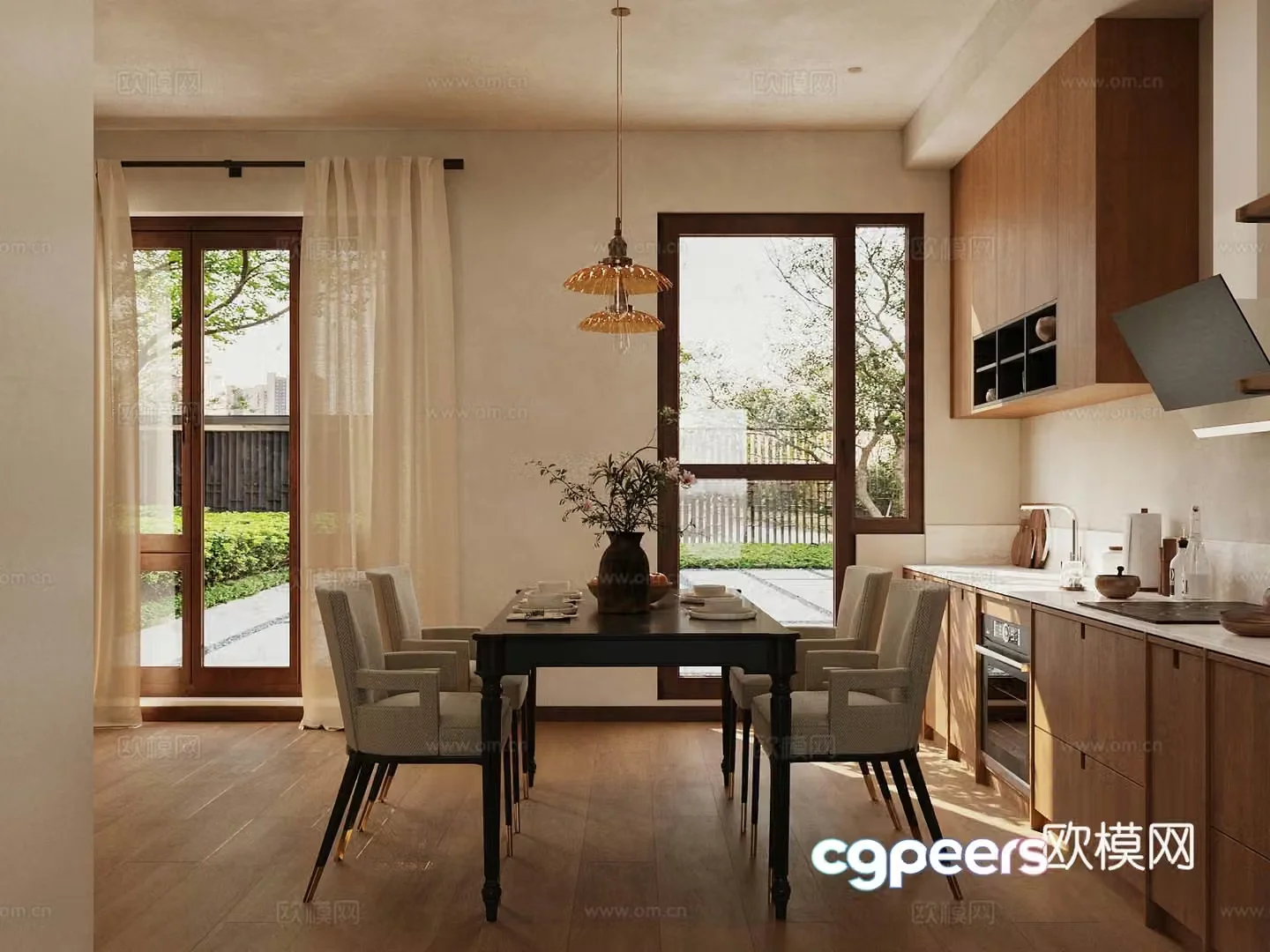Middle style home restaurant Open restaurant Log style home restaurant Kitchen restaurant Dining table and chair 3D model